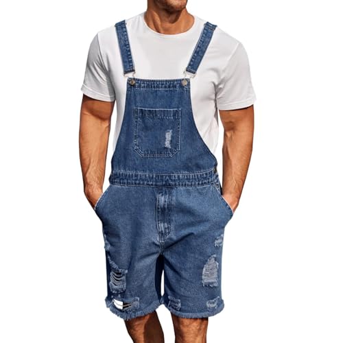 Cambkatl Men's Short Overalls Vintage Washed Denim Bib Shorts Adjustable Strap Coveralls Jeans Jumpsuit Shorts with Pockets
