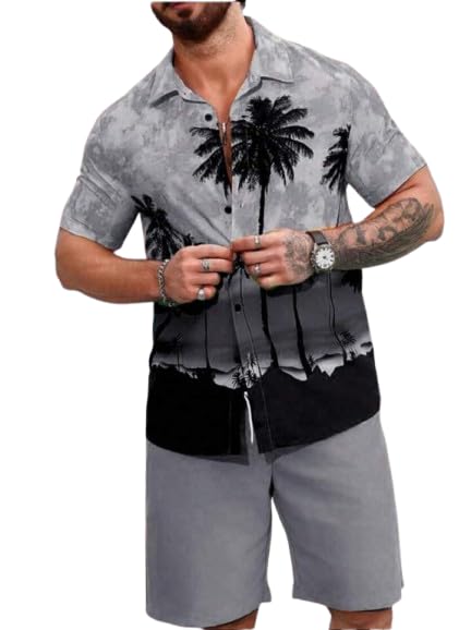 Men’s Printed Co-Ord Set | Plus Size Casual Shirt & Shorts Set | Nightwear Pajama Suit, Loungewear, Beachwear & Vacation Outfit Design No ME_NS Sky 10 Grey-picture-28