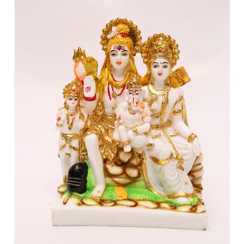 Image of Gold Plated Shiv Parivar Murti Marble Dust Statue for Home Mandir Pooja Room Office Gift | Shiv Parvati Shiva Family Idol Kartikey Statue Standard Size- Multicolor (8 Inch (20cm))
