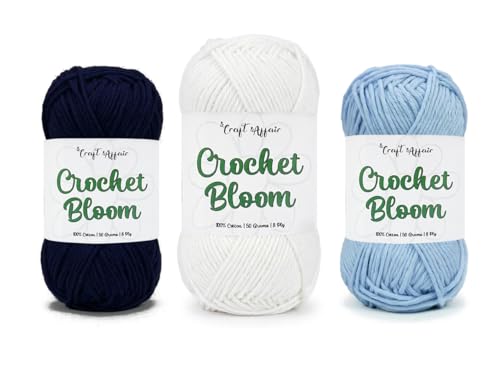 Image of Craft Affair | Crochet Bloom Cotton Yarn 8ply (Each Color 2mm, 77Meter, 50Gram) 100% Pure Cotton | for Knitting Yarn | Craft : Navy Blue, White Denim