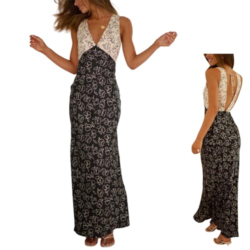 Women Y2k Floral Deep V Neck Maxi Dress,Women Floral Backless Maxi Dress Sleeveless,Sleeveless Patchwork Long Dress (D,XX-Large)