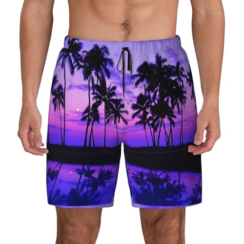 Palm Tree Purple Sunset Print Men'S Bwim Trunks Beach Shorts with Compression Liner, Anti-Chafe, Quick Dry