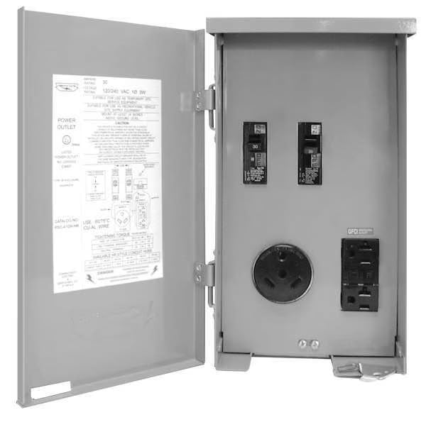 Surface Mount Outdoor Hard Wired GFCI, 30 A, 120/240V AC, Single Phase, NEMA 3R, 3 Outlets