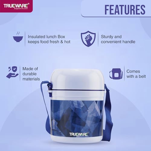 Image of Trueware Office 3 Lunch Box with 3 Stainless Steel Container,300ml X 3 Dark Blue | PU Insulated | Tiffin | Hot Lunch Box | Leak Proof | Easy to Carry | Food Grade | BPA Free | Office | for Men