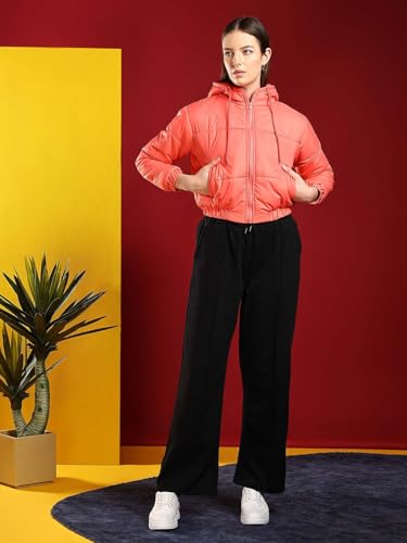 Image of KOTTY Women's Solid Full Sleeve Zipper Hooded Neck PuffercJacket