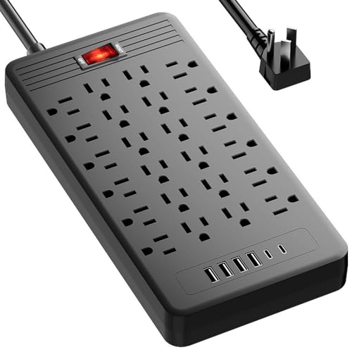24 Outlets Surge Protector Power Strip - 5 Feet Flat Plug Extension Cord with 24 Widely Outlets and 4 USB Ports 2 USB C Ports Portable Outlet Extender Wall Mountable for Home Office Dorm Room Black