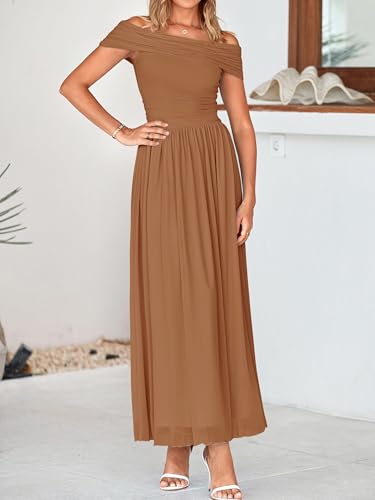 Image of MASCOMODA Women Off The Shoulder Mesh Maxi Dress Bodycon Ruched Formal Sleeveless Pleated Cocktail Wedding Guest Long Dresses