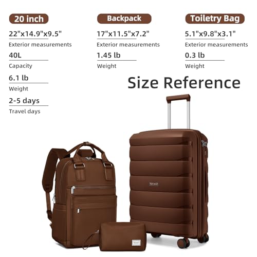 Image of Carry On Luggage 22x14x9 Airline Approved, 22 Inch PP Hardshell Luggage Carry-on Suitcase with Spinner Wheels, Carry On Suitcase Set for Women(Mocha
