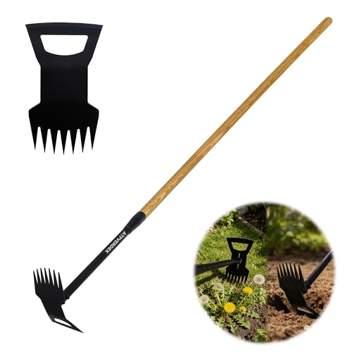 60' Wooden Handle 2 in 1 Uprooting Tool,7-Tine Garden Hoe for Weeding,Weed Remover for Yard,Sidewalks,Driveways,and Areas Around Residential Entrance Fences(7-Tooth Wooden Handle)
