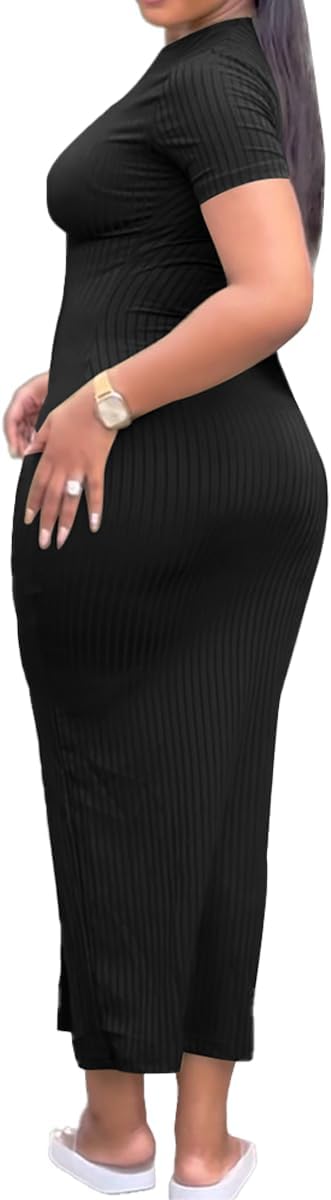 Womens Bodycon Maxi Dress Split Striped Ribbed Crewneck Short Sleeves Casual Sundress Solid Sexy Long Summer Dresses - Image 6