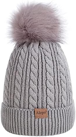 Alepo Beanie Hat Kids Warm, Bobble Hat Pom Poms, Winter Hats for Kids Fleece Lined Knitted Thick Ski Cap for Girls Boys