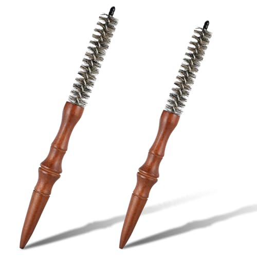 2pcs Small Round Brush Wooden Handle Boar Bristle Round Brush for Short Hair Roller Quiff Hair Combs Portable Travel Circular Hairbrush for Women Men Bangs Roots Straight Curling Mustache Brushs
