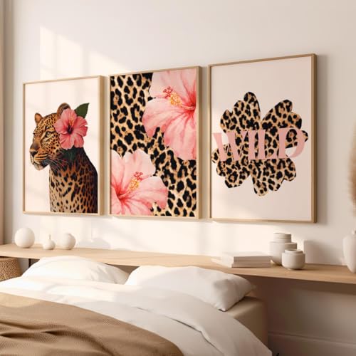 BeiYiHo 3 Tableau Leopard Chambre Affiche Decoration Murale Moderne Fleur Rose Citation Poster Mural Art Deco Impression sur Toile Chambre Salon Adulte Ado Fille Cadeau 30x40cm sans Cadre