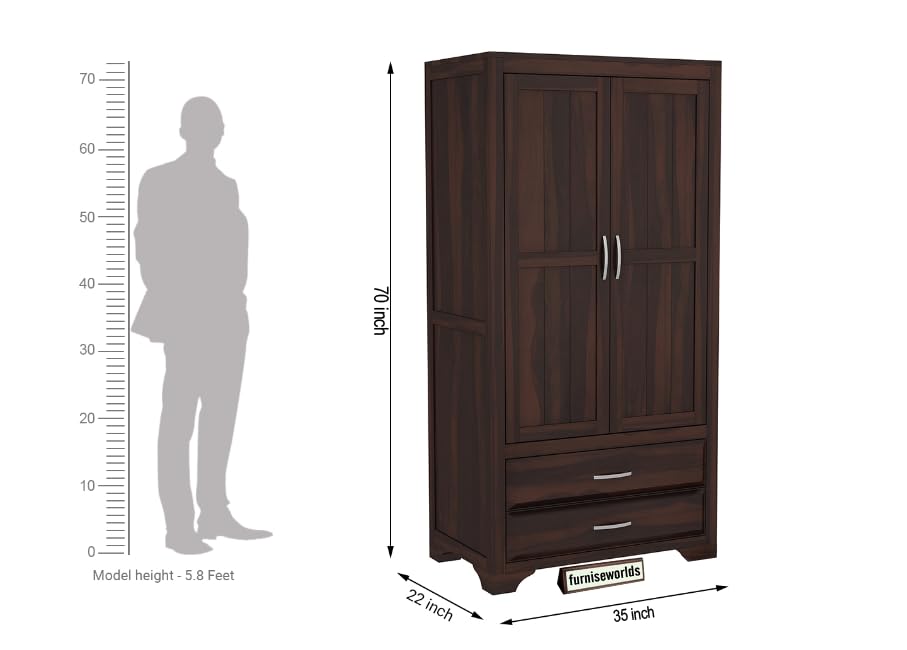 Image of Sheesham Wood Wardrobe with 2 Drawer and 2 Shelves Storage for Bedroom Wooden Almirah for Clothes for Living Room Bedroom Home, Solid Wood Furniture (Dark Finish)