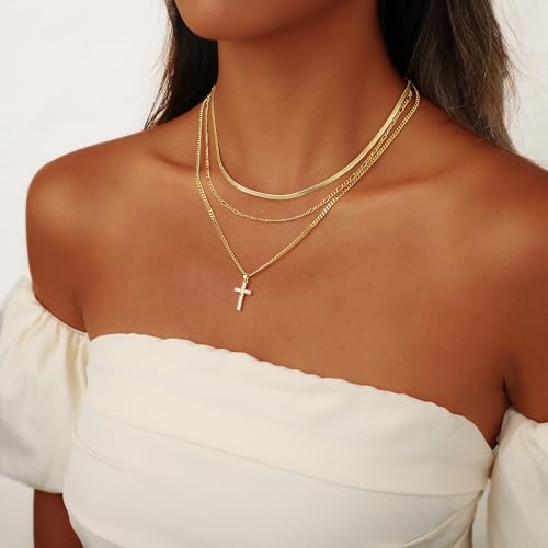 Layered Gold Cross Necklaces for Women, Stack Stackable Chunky 14K Gold Plated Cubic Zirconia Pendant Necklace Set Dainty Choker Layering Necklaces for Women Faith Jewelry Religious Gift2