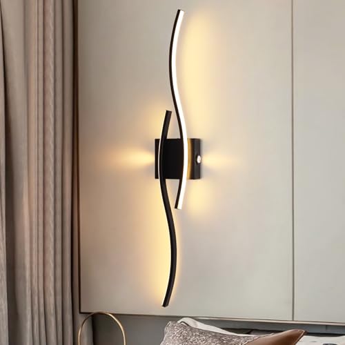 EIDISUNY Led Wall Light, 80cm 28W Black Indoor Modern Wave bar LED Wall Lamp for Living Room Indoor Hallway Bedroom Kitchen Stairs Bedside Vanity Mirror Sconce Light -Black Warm White Light 3000K