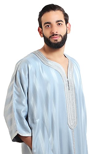 Moroccan Men One size Lounge wear Caftan Handmade Gandoura Cotton Blend Delicate Embroidery Grey4