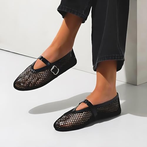 Mesh Ballet Flats for Women Round Toe Fishnet Ballerina Flats Buckle Strap Casual Comfortable Office Mary Jane Flat Shoes4