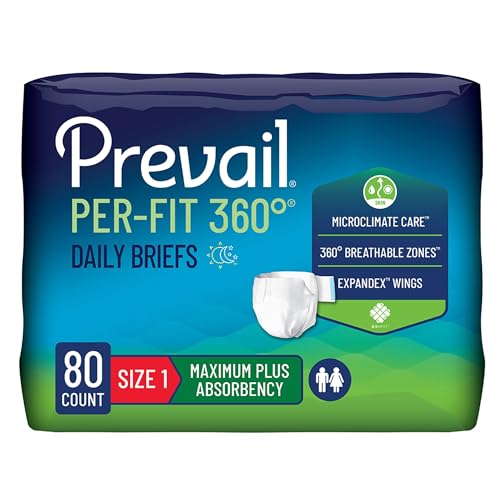 Prevail Per-Fit 360 Daily Incontinence Briefs, Unisex Adult Incontinence Briefs with Tabs, Maximum Plus Absorbency, Size 1, 80 Count (4 Packs of 20) Prevail Per-Fit 360 Daily Incontinence Briefs, Unisex Adult Incontinence Briefs with Tabs, Maximum Plus Absorbency, Size 1, 80 Count (4 Packs of 20)