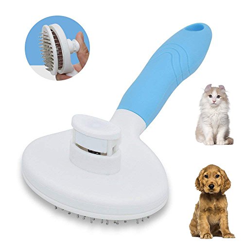 MHS Pet Self Cleaning Slicker Brush Comb for Dogs and Cats - Stops Shedding,Easy Clean - Self-Cleaning Button,Pro Grooming Brush Removes All Hair,Tangles,Cleans,Deshed (Blue Grooming Brush)