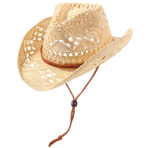 Image of DRESHOW Straw Cowboy Cowgirl Hat for Women Men Western Coastal Cowboy Beach Hat with Shapeable Brim Unisex Rolled up Caps