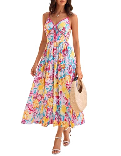 GRACE KARIN Womens Summer Floral Sundresses Spaghetti Strap Maxi Boho Beach Dress Wedding Guest Fashion Clothes with Pockets Blue Rose Floral XXL