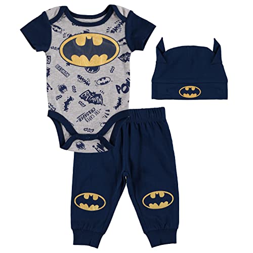Image of Batman Baby Boys Clothes 3-Piece Set | Baby Bodysuit, Hat, and Pants - Newborn Batman Outfit