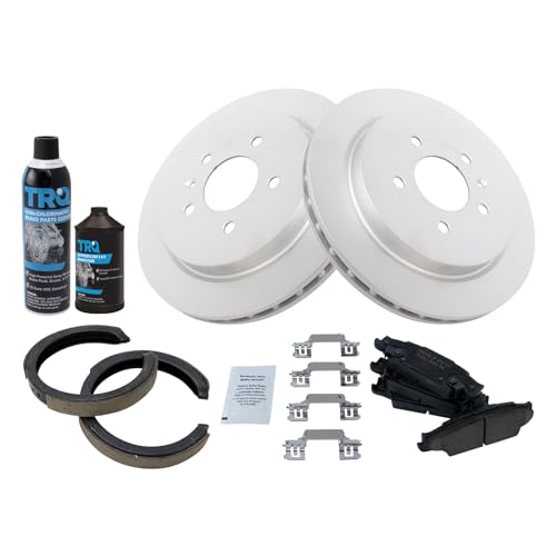 Image of TRQ Rear Brake Pad & Rotor Kit, with Chemical Kit Parking Brake Shoe Set Ceramic Premium G-Coated Compatible with 2005-2010 Cadillac STS