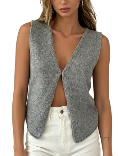 Image of Womens Vintage Knittd Tank Y2k Vest Crop Top Sleeveless V-Neck Open Front Button Crochet Knit Vests Versatile Tops