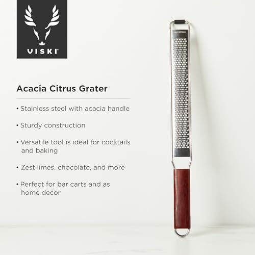 Image of Viski Citrus and Cheese Grater, Stainless Steel Rasp Grater Zester with Acacia Wood Handle for Lemons, Oranges, Nutmeg & Cheese, Elegant Kitchenware for Cocktails, Cooking, & Bartender Gifts, Set of 1