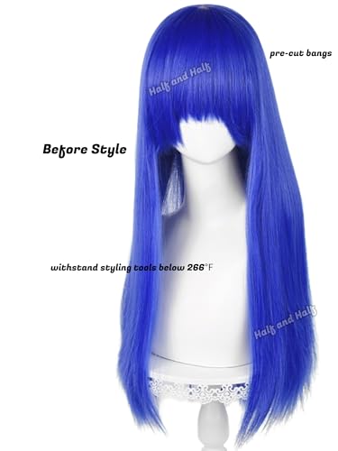 Image of Half and Half Long Deep Blue Anime Wig for Kokomi Teruhashi Cospaly 23.6'' Dark Blue Female Wig with Bangs Sapphire Blue Synthetic Hair Wigs for Women Halloween Party Costumes