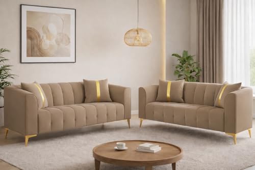 Image of Adorn India Premium Mystic - 3 Years Warranty - 3+2 Sofa Set Velvet Suede Fabric - Beige