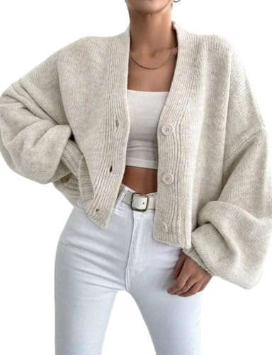 yoeasy Womens Cropped Cardigans Sweater Trendy Fall Lantern Sleeve Button Down Loose Open Front Knit Sweater Top