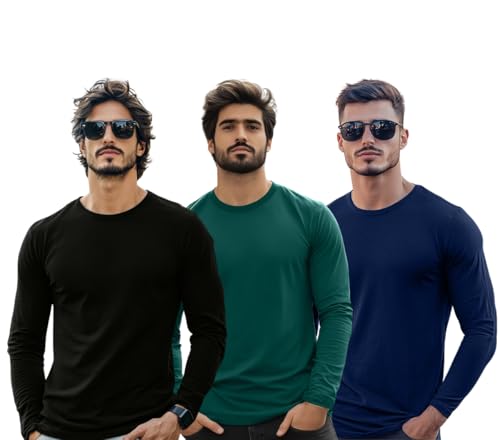 Image of Veirdo Pure Cotton Round Neck Regular Fit Solid Full Sleeve T-Shirt Pack of 3 Combo for Men (Colors: Swanwhite, Green, Navy, Black, Cork, White & Maroon)