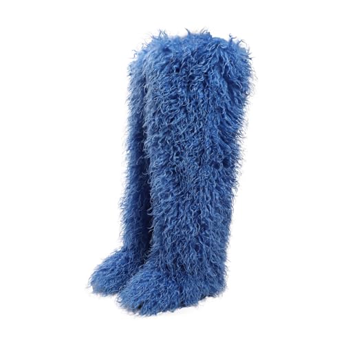 Image of Black Thigh High Fur Boots, Over the Knee Fluffy High Boots, Tall Furry shoes for Women