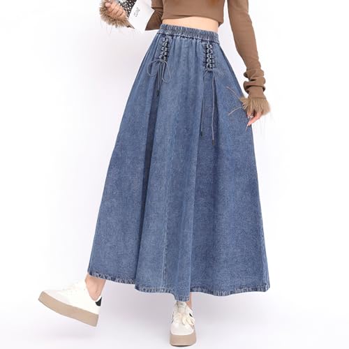 chouyatou Women's Bowknot Elastic High Waist Jean Skirt Frayed A Line Flared Long Maxi Denim Skirt2