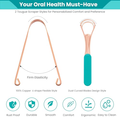 Image of 2Pcs Copper Tongue Scraper, Tongue Cleaner Set for Adults Kids, Stainless steel Wide Double Blades Oral Tongue Brush Cleaning Scrapping Sweeper for Fresh Breath and Mouth Hygiene Care with Travel Bag
