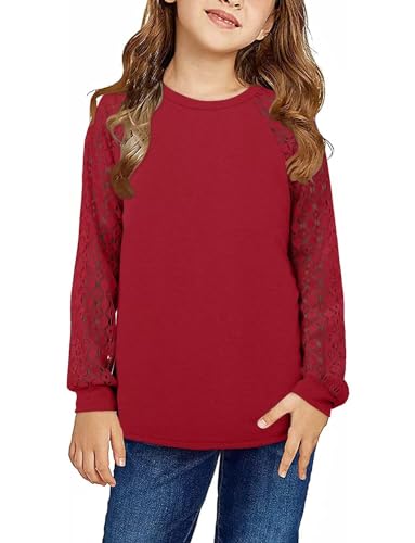 Image of Yoklass Girls Long Sleeve Shirts Kids Lace Casual Cute Crew Neck Top Sizes 5-14 Years