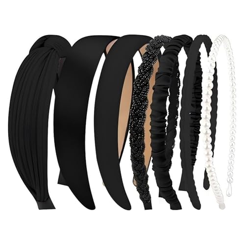 7 Stück Haarreifen Set Damen, Perlen Stirnbänder Rutschfeste Haarbänder, Gepolsterte Haarschmuck für Frauen Mädchen, Vielseitige Stirnbänder für Alltag, Perlen Haarreifen Set (Schwarz, One Size)