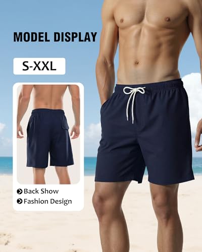 Image of Mens Swim Trunks with Compression Liner 2 in 1 Quick Dry Swimming Shorts Swimwear Bathing Suits with Pockets