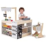 COSTWAY Marchande Enfant avec Distributeur Automatique et Chariot de Courses, Supermarché Enfant en Bois avec Comptoir de Caisse et 2 Tableaux Noirs, Étagères, Jeu d’Épicerie pour 3 Ans+