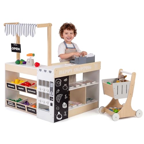 COSTWAY Supermercado Infantil de Madera, Set de Juego de Tienda para Niños con Carrito de Compras, Máquina Expendedora, Mostrador de Caja Registradora, Pizarras, Estantes de Exhibición