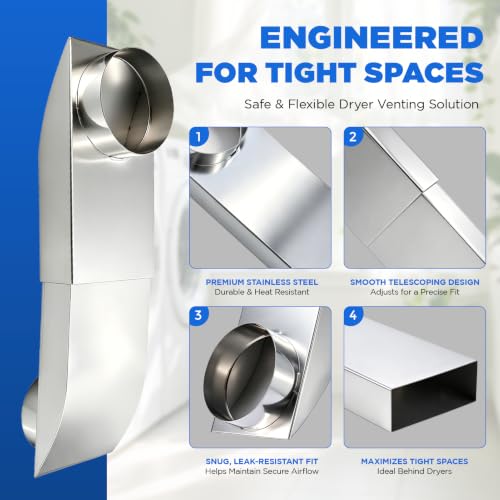 9.5–14.5 Inch Adjustable Periscope Dryer Vent Kit, 4 Inch Stainless Steel Flat Dryer Vent Duct, Space-Saving Telescoping Vent Adapter for Tight Spaces, Compatible with Whirlpool & Standard Dryers by YeeJinHong - Used condition - Image 6