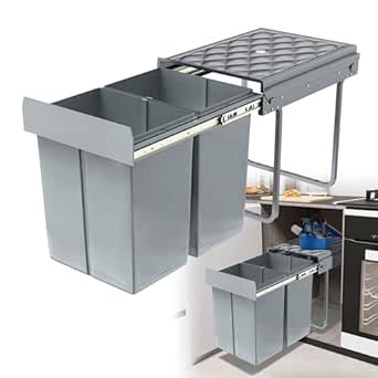 HENGMEI Einbaumülleimer Unterschrank Einbau-Mülleimer Küche Abfalleimer Ausziehbarer Abfallsammler Mülltrennsystem mit Teleskopschienen Grau(2x20L)