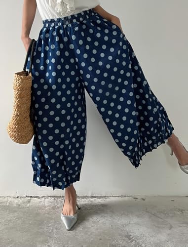 chouyatou Women Polka Dot Printed Wide Leg Cotton Pants Loose Elastic Waist Palazzo Trousers with Pockets4