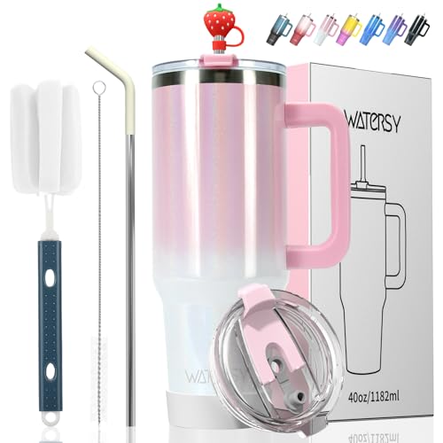 Image of 30 oz Shiny Tumbler with Handle and Straw,Stainless Steel Tumbler with Lid and Straw,Insulated Travel Mug(Cold for 34 Hours),Water Bottle for Iced Tea,Coffee (Pink)