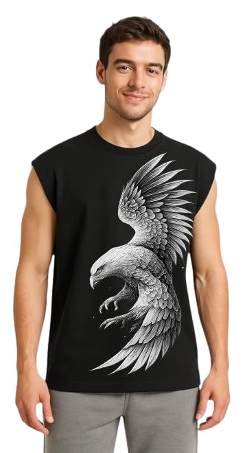 Men's Eagle Graphic Print Sleeveless T-Shirt, Black Cotton, Regular Fit, Round Neck-picture-23