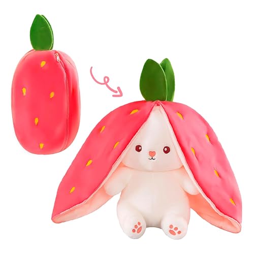Image of Reversible Strawberry Rabbit Bunny Carrot Plush Toys with Zipper, Cute and Versatile Plushies Stuffed Animal Soft Toy Birthday Gift for Girls & Kids (Pink)
