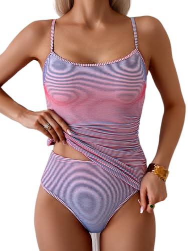 Image of Eomenie Women's Tankini Swimsuits Two Piece Tummy Control Bathing Suit Color Block Slim Swimwear with High Waisted Bottom
