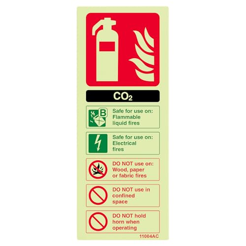 V Safety 11004AC-G Glow In The Dark Co2 Id Fire Extinguisher Sign - 75mm x 200mm - Rigid Plastic Black/Green/Red
